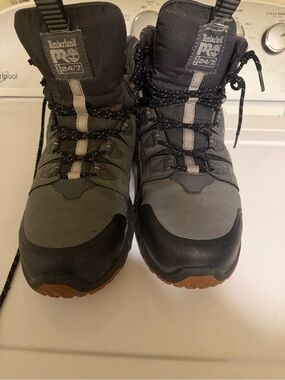 Timberland PRO Men's Gray and Black Work Boots with Brown Outsole
